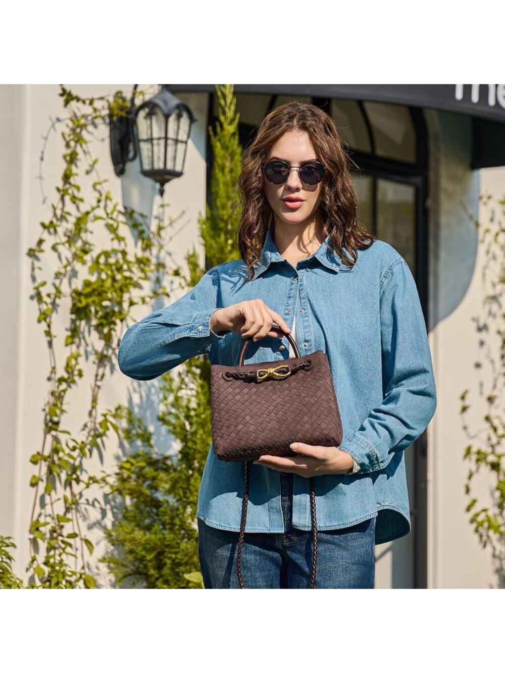 Women's B Brown Woven Leather Tote Handle Designer Handbag Shoulder Bag - Picture 3 of 6